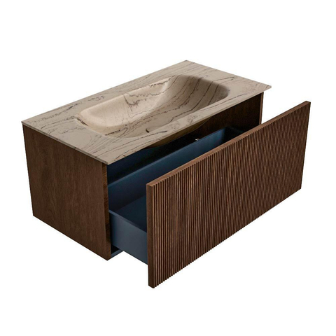 MONDIAZ KURVE-DLUX Meuble de salle de bains 90cm couleur Walnut avec 1 tiroir et 0 portes. Vasque BIG SMALL Milieu 1 trou de robinet Arena. SW1431213