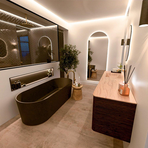 Mondiaz CIRO-DLUX Meuble de salle de bains - 170x45x50cm - Plan vasque Solid surface Saba - 1 lavabo à gauche - sans trous de robinetterie - 4 tiroirs - Noyer SW1530909