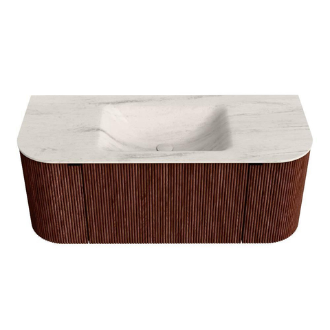 MONDIAZ KURVE-DLUX Meuble de salle de bains 110cm arrondi gauche + droite couleur Ruby avec 1 tiroir et 2 portes. Lavabo CLOUD central 1 trou de robinet Meli. SW1431948