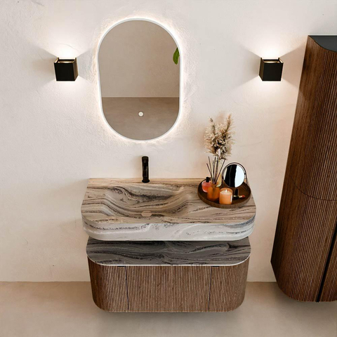 MONDIAZ THOR-DLUX 100cm meuble de salle de bains arrondi gauche + droite couleur Walnut avec 1 tiroir et 2 portes. Vasque suspendue CLOUD Gauche 1 trou de robinet couleur Sombra. SW1467727