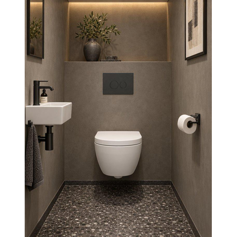 QeramiQ Dely Swirl Compact Toiletset - inbouwreservoir QeramiQ flush - 25mm zitting - kunststof bedieningsplaat mat antraciet - ronde knoppen - mat wit SW1590820
