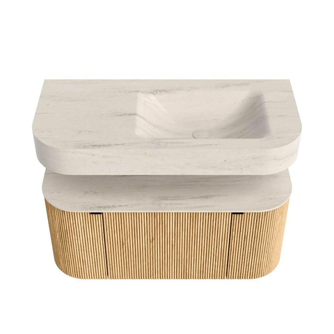 MONDIAZ THOR-DLUX 100cm meuble de salle de bains arrondi gauche + droite couleur Chêne avec 1 tiroir et 2 portes. Vasque suspendue CLOUD Droite sans trou de robinet couleur Meli. SW1467724
