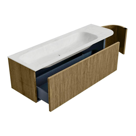 Mondiaz KURVE-DLUX Ensemble de meubles de salle de bains - 145x46x40cm - 1 tiroir - 1 porte - lavabo solid surface - gauche - 1 trou de robinet - Dusk SW1414929