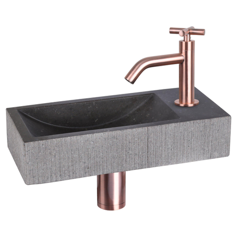 Differnz Ribble fonteinset - 38x18x8cm - Rechthoek - 1 kraangat - rose koper - kruisgreep - natuursteen zwart SHOWROOMMODEL SHOW26855