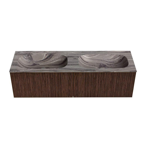 MONDIAZ KURVE-DLUX Meuble de salle de bains 150cm couleur Walnut avec 2 tiroirs et 0 porte. Lavabo STOR SMALL Double 2 trous de robinet Sombra. SW1433714