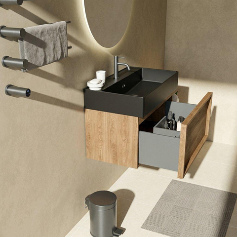 Saniclass Holz Frame Badkamermeubelset - 80x45x52cm - Legend keramische wastafel mat zwart - 1 wasbak - 1 kraangat - 1 lade - mat eiken natural (hout) SW1579686
