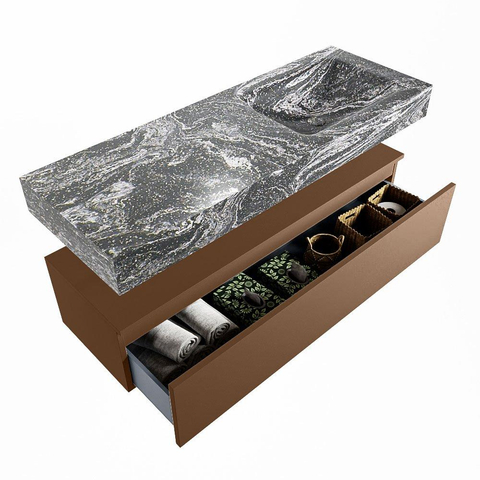 Mondiaz ALAN-DLUX Ensemble de meuble - 130cm - meuble Rust mat - 1 tiroir - Lavabo Cloud Lava suspendu - vasque Droite - 0 trous de robinet SW808499
