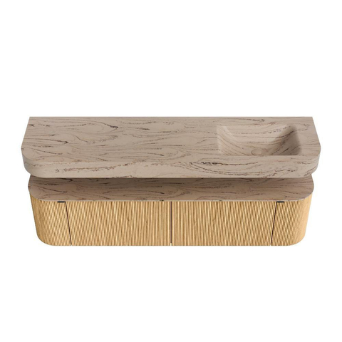 MONDIAZ THOR-DLUX 180cm meuble de salle de bains arrondi gauche + droite couleur Oak avec 2 tiroirs et 2 portes. Vasque suspendue CLOUD Droite 1 trou de robinet couleur Arena. SW1466125