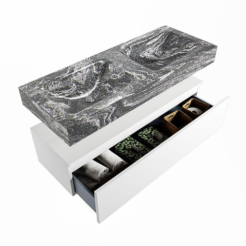 Mondiaz ALAN-DLUX Ensemble de meuble - 120cm - meuble Talc mat - 1 tiroir - Lavabo Cloud Lava suspendu - vasque Gauche et droite - 2 trous de robinet SW807829