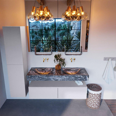 Mondiaz ALAN-DLUX Ensemble de meuble - 130cm - meuble Cale mat - 2 tiroirs - Lavabo Cloud Lava suspendu - vasque Gauche et droite - 0 trous de robinet SW808325