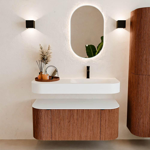 MONDIAZ THOR 110cm badmeubel ronding links + rechts kleur Ruby met 1 lade en 2 deuren. Vrijhangende wastafel CLOUD Rechts 1 kraangat kleur Talc. SW1462818