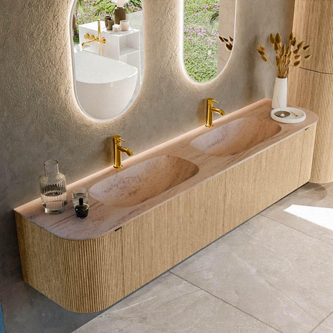 MONDIAZ KURVE-DLUX Meuble de salle de bains 200cm arrondi Gauche + Droite couleur Chêne avec 2 tiroirs et 2 portes. Lavabo STOR SMALL Double 2 trous de robinet Saba. SW1433131