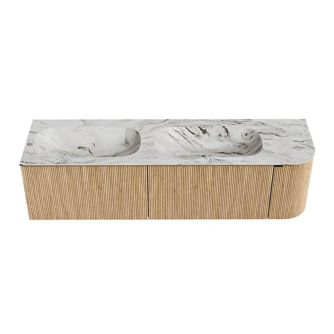 MONDIAZ KURVE-DLUX 165cm meuble de salle de bains avec module 25 R couleur Oak avec 2 tiroirs et 1 porte. Lavabo STOR SMALL double / gauche 2 trous de robinet couleur Glace. SW1138005