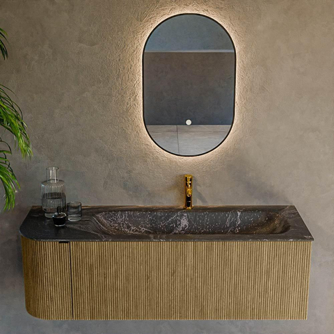 Mondiaz KURVE-DLUX Ensemble meuble de salle de bains - 135x46x40cm - 1 tiroir - 1 porte - lavabo solid surface - droite - 1 trou de robinet - Dusk SW1415275