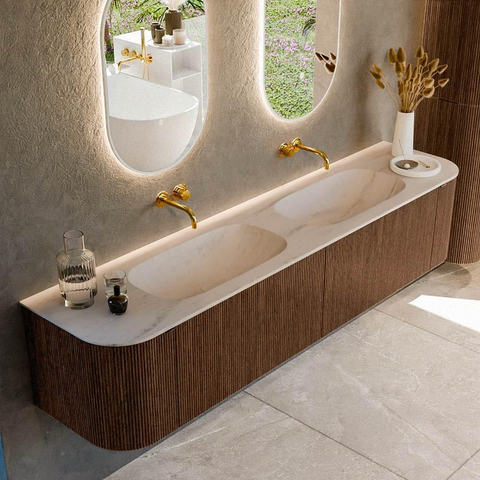 MONDIAZ KURVE-DLUX Meuble de salle de bains 200cm arrondi Gauche + Droite couleur Walnut avec 2 tiroirs et 2 portes. Lavabo STOR SMALL Double sans trou de robinet Meli. SW1431750