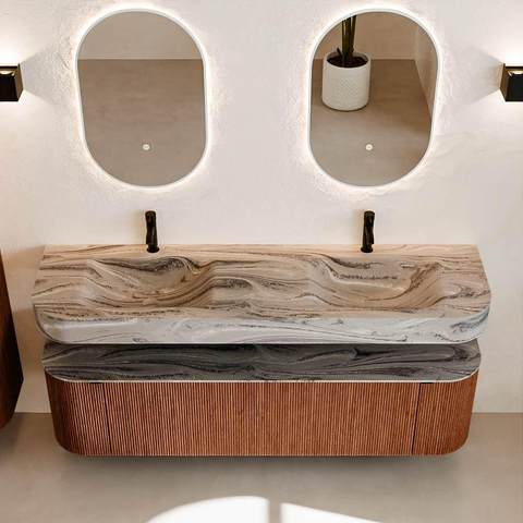 MONDIAZ THOR-DLUX 170cm badmeubel ronding links + rechts kleur Ruby met 1 lade en 2 deuren. Vrijhangende wastafel CLOUD Dubbel 2 kraangaten kleur Sombra. SW1465878