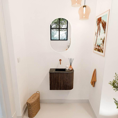 Mondiaz JOYA-DLUX 51.6cm toiletmeubel - ronding rechts kleur Walnut - Wastafel FAYE positie Links Zonder kraangat kleur Lava. SW1422465
