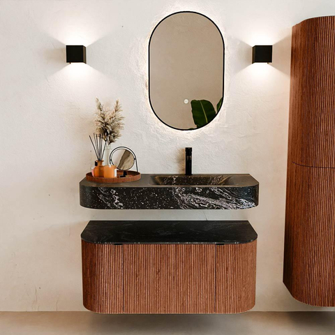 MONDIAZ THOR-DLUX 100cm meuble de salle de bains arrondi gauche + droite couleur Ruby avec 1 tiroir et 2 portes. Vasque suspendue CLOUD Droite 1 trou de robinet couleur Lava. SW1467414