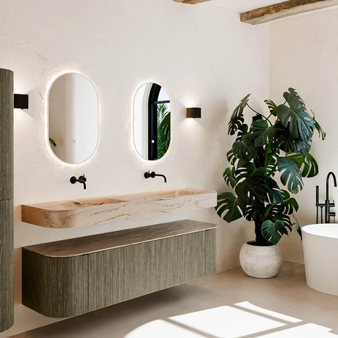 MONDIAZ THOR-DLUX 170cm meuble de salle de bains arrondi gauche + droite couleur Shadow avec 1 tiroir et 2 portes. Vasque suspendue CLOUD Double sans trou de robinet couleur Arena. SW1465831