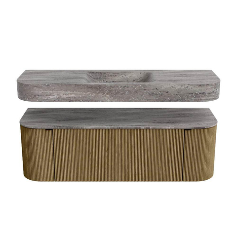 MONDIAZ THOR-DLUX Meuble de salle de bains 140cm arrondi gauche + droite couleur Dusk avec 1 tiroir et 2 portes. Vasque suspendue CLOUD Milieu 1 trou de robinet couleur Oza. SW1464278