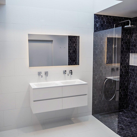 ENSEMBLE DE MEUBLE MONDIAZ VICA - 120 cm - 4 tiroirs - lavabo Cloud double - 0 trous de robinet - solid surface talc SW409897