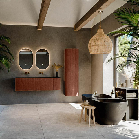 Mondiaz KURVE Ensemble de meuble de salle de bains - 145x46x40cm - 1 tiroir - 1 porte - lavabo solid surface - gauche - sans trou de robinet - Ruby SW1415347