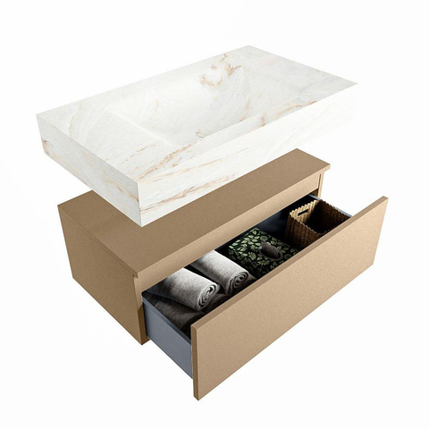Mondiaz ALAN-DLUX Ensemble de meuble - 80cm - meuble Oro mat - 1 tiroir - Lavabo Cloud Frappe suspendu - vasque Centre - 0 trous de robinet SW804973