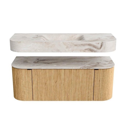 MONDIAZ THOR-DLUX Meuble de salle de bains - 120cm - arrondi gauche + droite - couleur Oak - 1 tiroir - 2 portes - Vasque suspendue CLOUD Milieu 1 trou de robinet couleur Frappe SW1463038