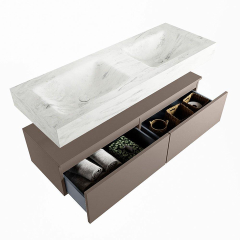 Mondiaz ALAN-DLUX Ensemble de meuble - 130cm - meuble Smoke mat - 2 tiroirs - Lavabo Cloud Opalo suspendu - vasque Gauche et droite - 0 trous de robinet SW806603