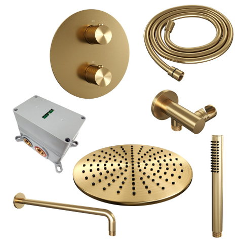 BRAUER Gold Carving douche de pluie encastrée thermostatique - 3 voies - ronde - set 76 - pomme de douche 30cm - bras mural courbé - douchette barre - flexible de douche - coude d'alimentation mural - or brossé PVD SW1159061