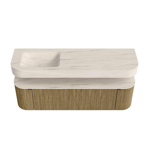 MONDIAZ THOR-DLUX 160cm meuble de salle de bains arrondi gauche + droite couleur Dusk avec 1 tiroir et 2 portes. Vasque suspendue CLOUD Gauche sans trou de robinet couleur Meli. SW1465150