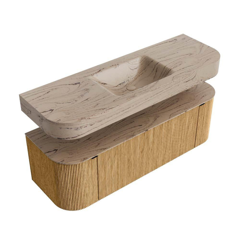 MONDIAZ THOR-DLUX 140cm meuble de salle de bains arrondi gauche + droite couleur Oak avec 1 tiroir et 2 portes. Vasque suspendue CLOUD Milieu 1 trou de robinet couleur Arena. SW1464469