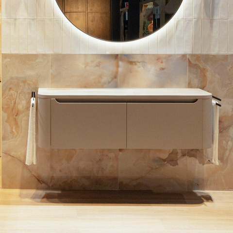 H&R Badmeubelen Juice Wastafelonderkast met topblad - 140x45x40cm - ronde hoeken - 2 lades - beige mat SW1212682