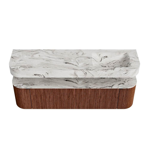 MONDIAZ THOR-DLUX 170cm badmeubel ronding links + rechts kleur Ruby met 1 lade en 2 deuren. Vrijhangende wastafel CLOUD Rechts zonder kraangat kleur Glace. SW1465471
