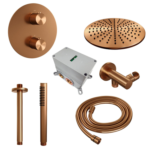 BRAUER Copper Carving douche de pluie encastrée thermostatique - 3 voies - rond - set 78 - pomme de douche 30cm - bras de plafond - douchette barre - flexible de douche - coude mural - cuivre brossé PVD SW1159261