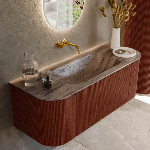 MONDIAZ KURVE-DLUX Meuble de salle de bains 120cm arrondi gauche + droite couleur Ruby avec 1 tiroir et 2 portes. Plan-vasque BIG SMALL Milieu sans trou de robinet Oza. SW1432766