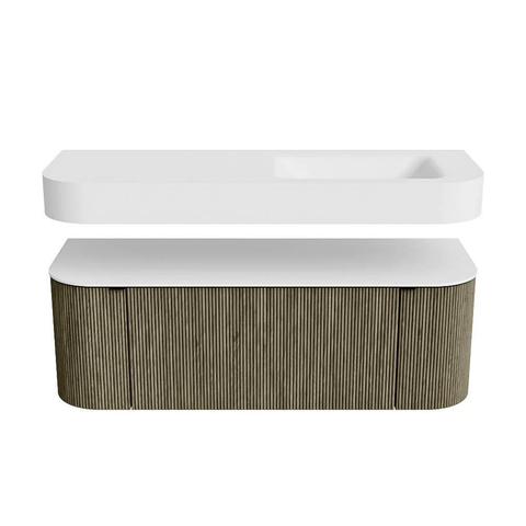 MONDIAZ THOR 130cm meuble de salle de bains arrondi gauche + droite couleur Shadow avec 1 tiroir et 2 portes. Vasque suspendue CLOUD Droite sans trou de robinet couleur Talc. SW1463703