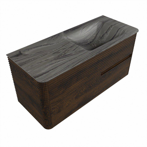 Mondiaz CIRO-DLUX Meuble de salle de bains - 110x45x50cm - Plan vasque solid surface Sombra - 1 lavabo à droite - sans trous de robinetterie - 2 tiroirs - Noyer SW1530723