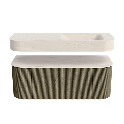 MONDIAZ THOR-DLUX 120cm meuble de salle de bains arrondi gauche + droite couleur Shadow avec 1 tiroir et 2 portes. Vasque suspendue CLOUD Droite 1 trou de robinet couleur Meli. SW1463334