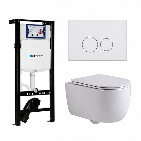 QeramiQ Dely Swirl Toiletset - 36.3x51.7cm - diepspoel - rimless - Geberit UP320 plieger inbouwreservoir - slim zitting - mat witte metalen bedieningsplaat - ronde knoppen - mat wit SW1413315