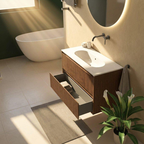 Saniclass Holz Atelier Ensemble de meubles de salle de bains - 100x45x73.9cm - lavabo en céramique Chaci blanc - 1 vasque - sans trou de robinet - 2 tiroirs - noyer pure mat (bois) SW1478811