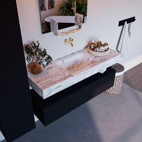 Mondiaz ALAN-DLUX Ensemble de meuble - 130cm - meuble Urban mat - 1 tiroir - Lavabo Cloud Glace suspendu - vasque Centre - 0 trous de robinet SW805315