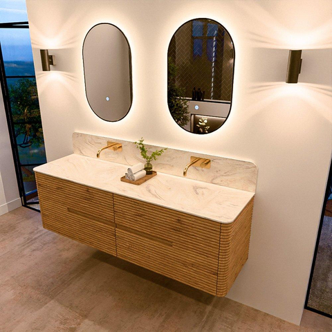 Mondiaz CIRO-DLUX Meuble de salle de bains ensemble - 160x45x50cm - Plan de toilette solid surface Ostra - 2 vasques Double - sans trous de robinetterie - 4 tiroirs - Chêne SW1530918