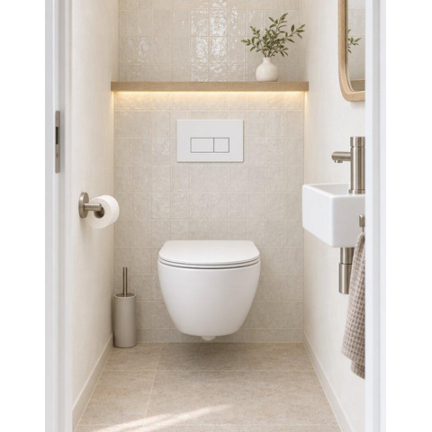 Pack WC QeramiQ Dely Swirl Compact - réservoir encastrable Geberit UP320 - avec bâti-support Burda - abattant slim - plaque de commande en métal blanc mat - boutons rectangulaires - blanc mat SW1595634