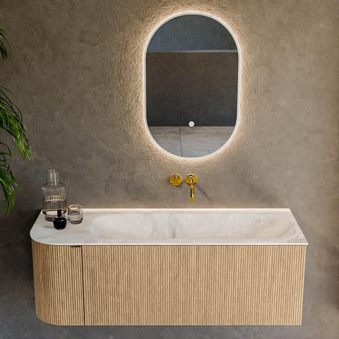 MONDIAZ KURVE-DLUX Meuble de salle de bains 125 cm avec module 25 L couleur Chêne avec 1 tiroir et 1 porte. Lavabo BIG MEDIUM à droite sans trou de robinet couleur Frappe. SW1137351