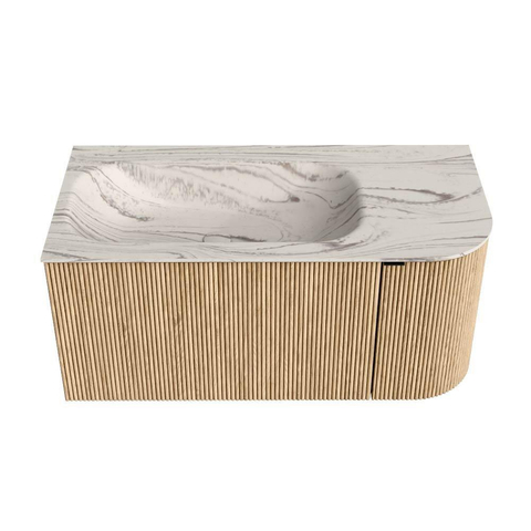 MONDIAZ KURVE-DLUX Meuble de salle de bains 95cm arrondi à droite couleur Chêne avec 1 tiroir et 1 porte. Lavabo BIG SMALL à gauche sans trou de robinet Nata. SW1432080