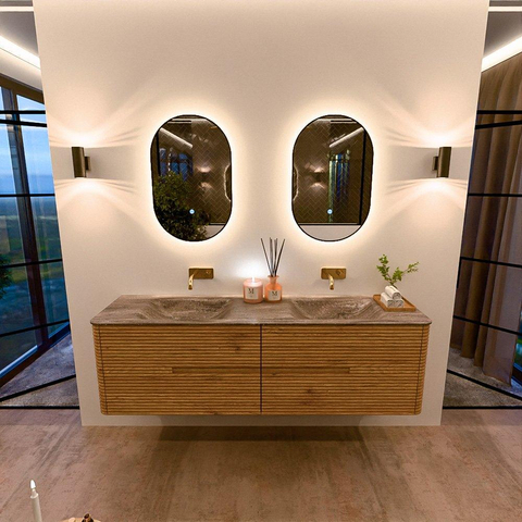 Mondiaz CIRO-DLUX Ensemble de meubles de salle de bains - 170x45x50cm - vasque en solid surface Oza - 2 cuves double - sans trous de robinet - 4 tiroirs - Chêne SW1531154