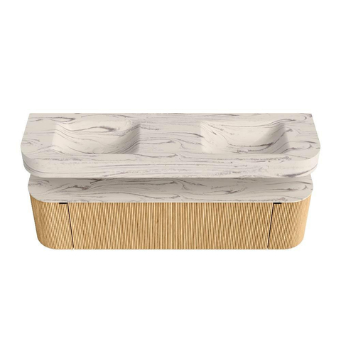MONDIAZ THOR-DLUX 170cm meuble de salle de bains arrondi gauche + droite couleur Oak avec 1 tiroir et 2 portes. Vasque suspendue CLOUD Double sans trou de robinet couleur Nata. SW1465773