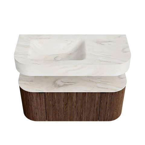 MONDIAZ THOR-DLUX 100cm meuble de salle de bains arrondi gauche + droite couleur Walnut avec 1 tiroir et 2 portes. Vasque suspendue CLOUD Gauche 1 trou de robinet couleur Ostra. SW1467385
