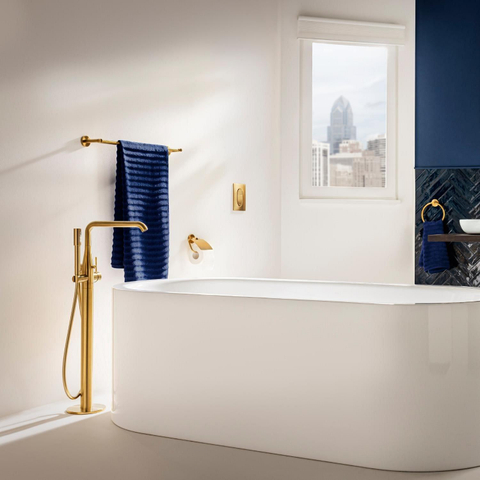 Grohe Essence New Afbouwdeel vrijstaande badkraan - omstel - draaibare uitloop 27.7cm - handdouche - doucheslang - brushed cool sunrise (goud) SW98813